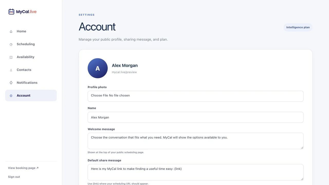 MyCal Account screen where a host manages profile details, sharing defaults, and account controls.