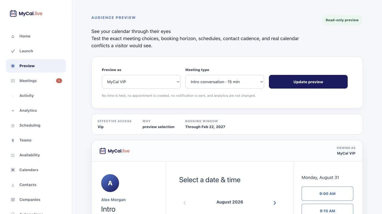 MyCal host Audience Preview using fictional data to show the relationship result, booking window, eligible event type, calendar dates, and read-only times for a selected visitor type.
