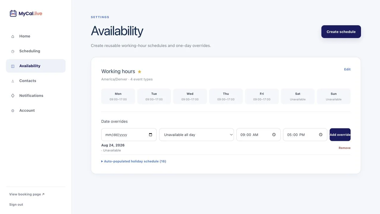 MyCal Availability screen with working hours, date overrides, and editable holiday closures.