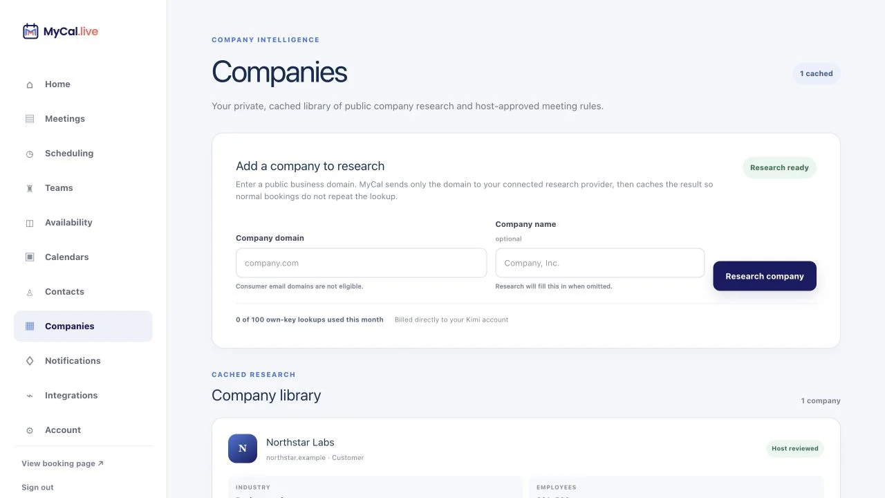 MyCal Companies screen with five included beta company lookups, an option to connect a private AI provider key, and a cached library of cited public company profiles.