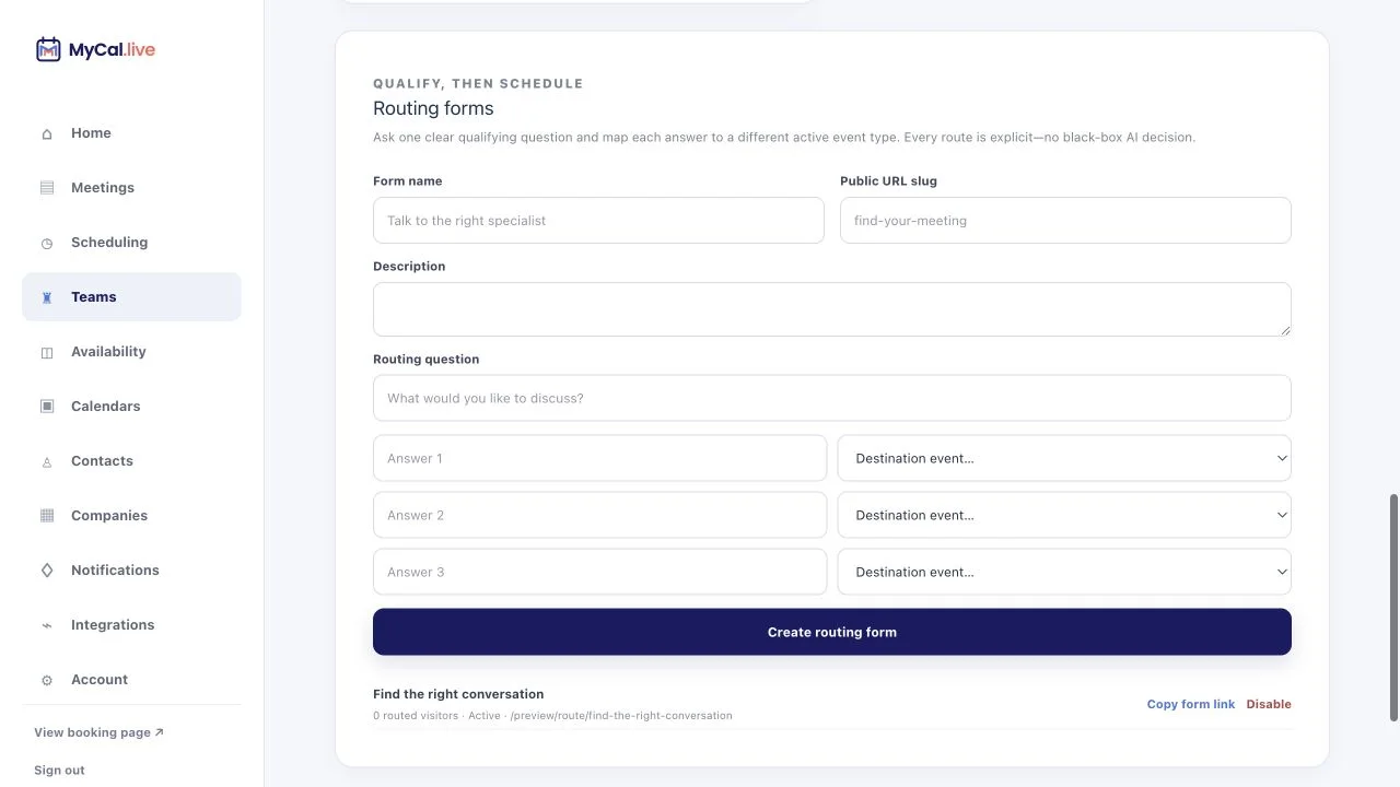 MyCal routing-form builder mapping three clear answers to destination event types.