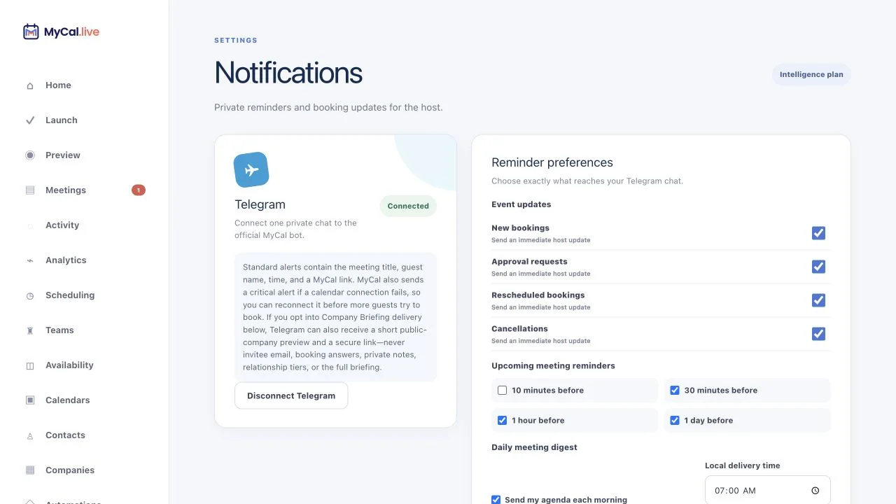 MyCal Notifications screen with a connected Telegram account, critical calendar-disconnection alerts, and controls for booking updates, meeting reminders, and a daily meeting digest.