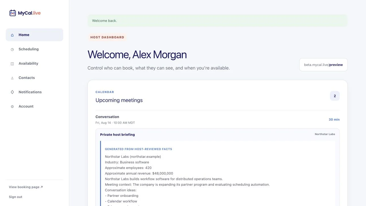 MyCal host dashboard overview with the public scheduling link, meetings, and account status.