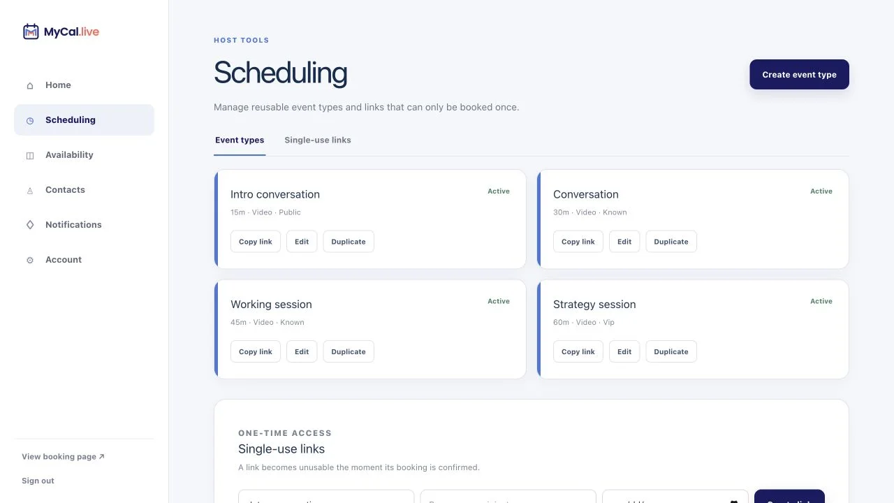 MyCal Scheduling screen where a host manages meeting types and one-time booking links.
