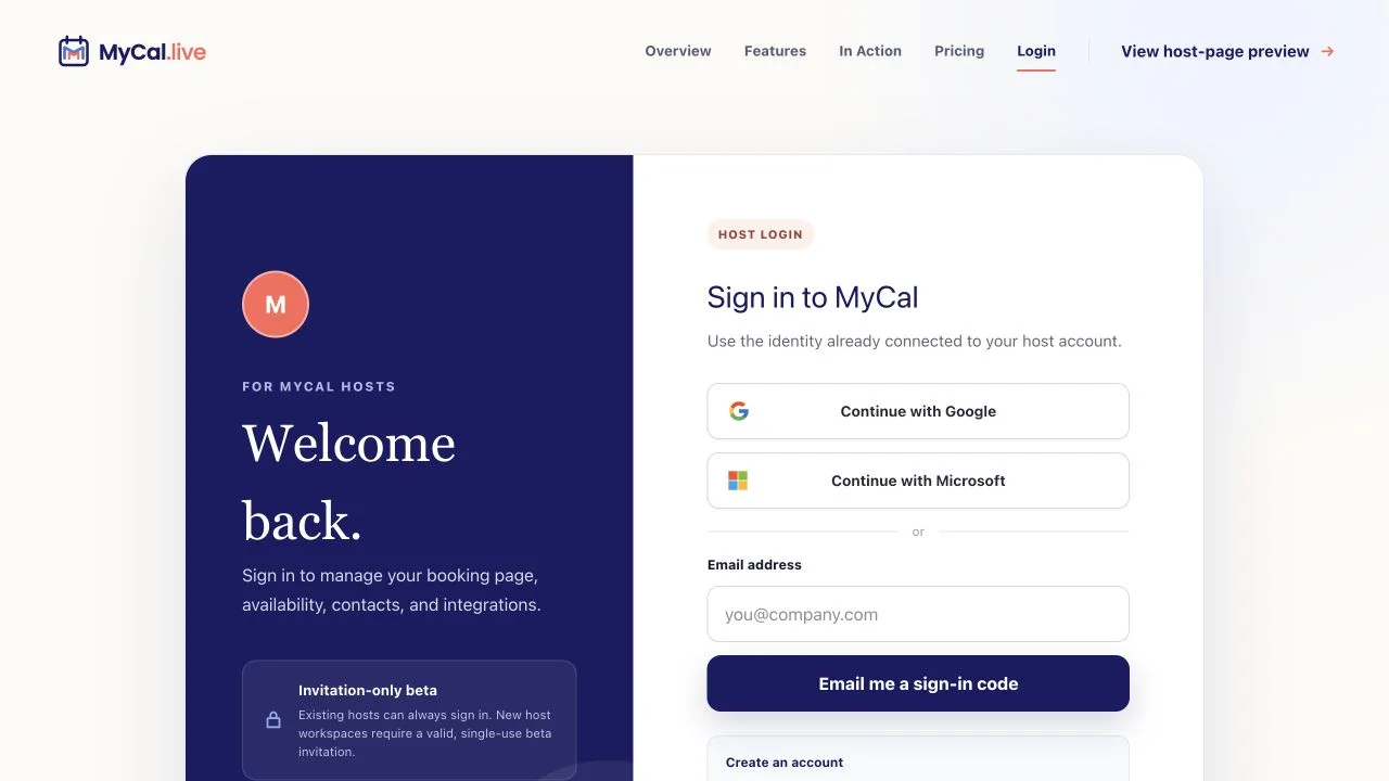 MyCal host login page with professional Google and Microsoft sign-in buttons plus the secure email-code option.