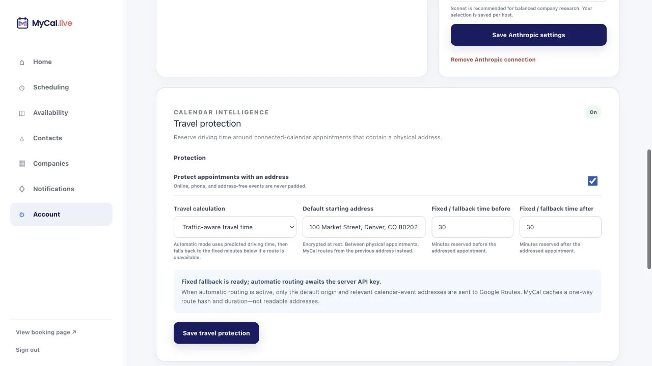 MyCal Account screen with optional travel protection, traffic-aware driving time, an encrypted default starting address, and configurable 30-minute fallback values before and after addressed appointments.