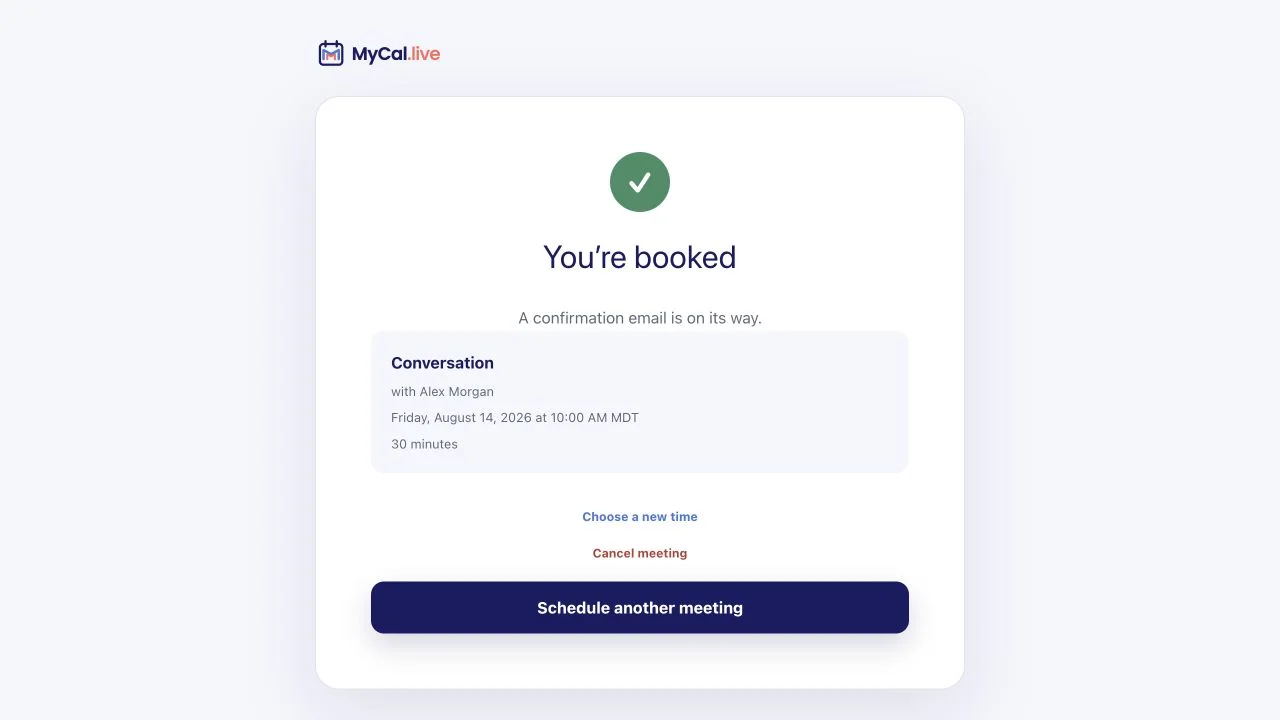 MyCal booking confirmation page after a meeting has been successfully reserved.