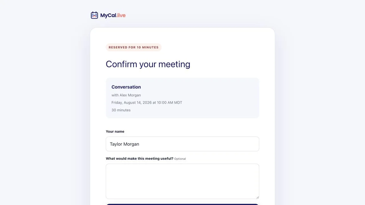 MyCal booking review screen with meeting details and an optional note field before confirmation.