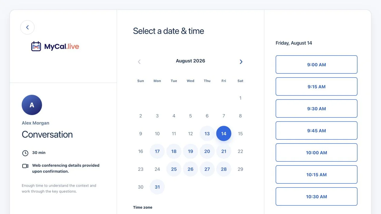 MyCal calendar and available time-slot picker for a selected meeting type.