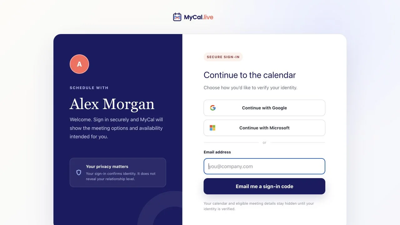 MyCal booking page asking a visitor to continue with Google, Microsoft, or a secure email code before calendar availability is shown.