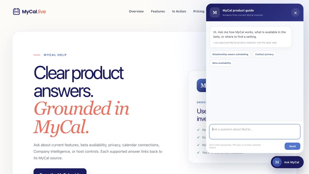 MyCal Help page with the public product-guide chat open, MyCal-only grounding explained, suggested product questions, and a warning not to enter credentials or private customer details.